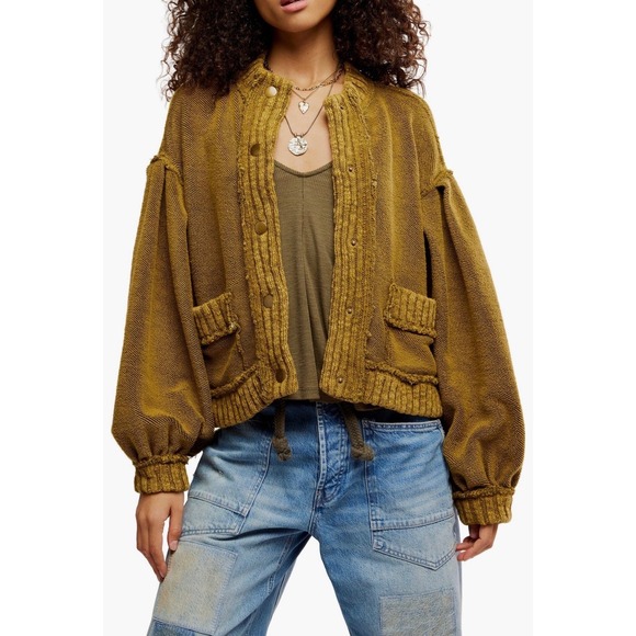 Free People Sweaters - Free People Cute In This Cardigan Fir Green Sweater Size Large Bomber Collar NWT